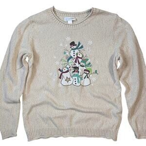 Embroidered Snowman Holiday Christmas Sweater Womens Large Tan Embellished